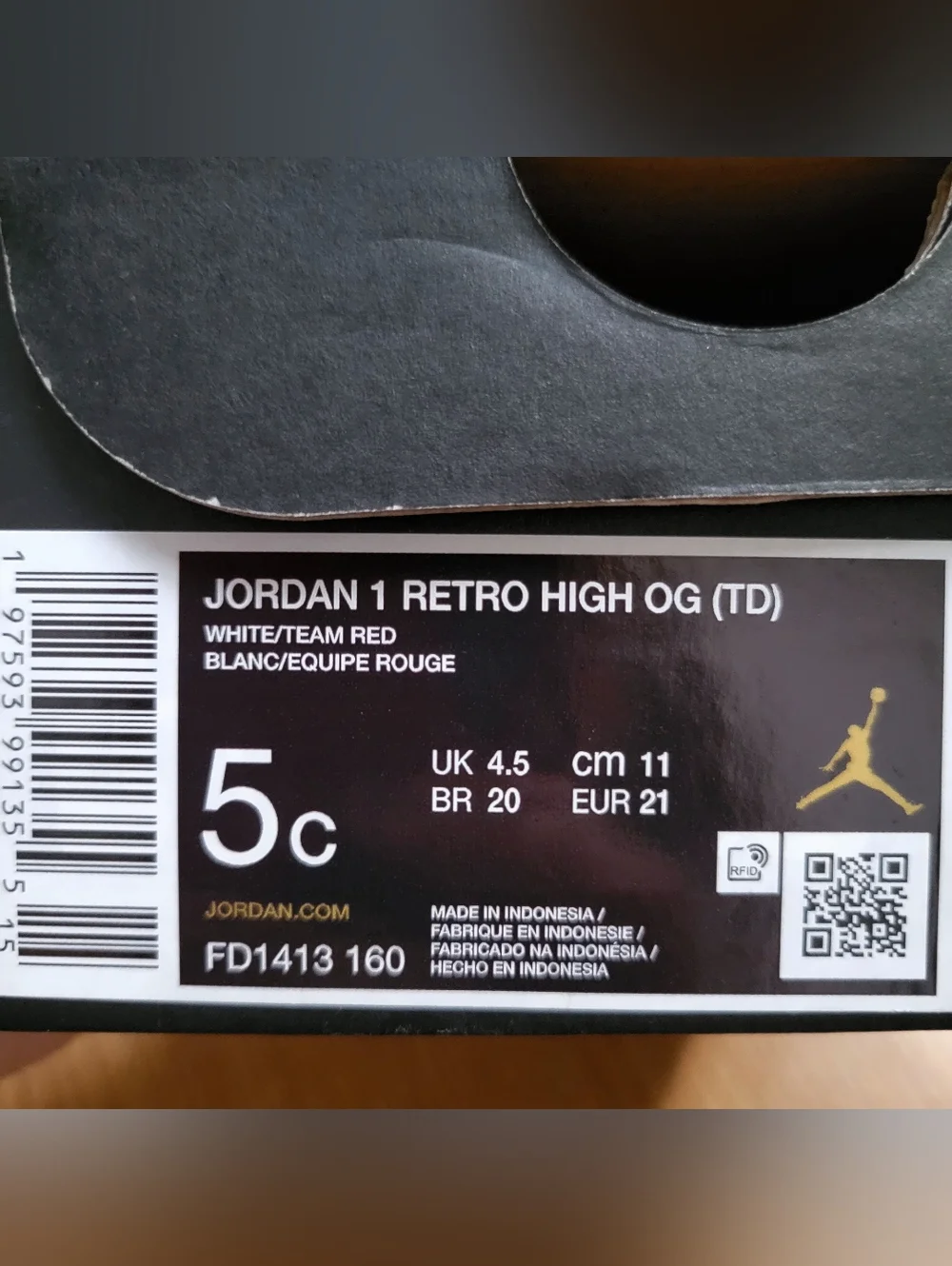 Air Jordan 1 Retro High OG Artisanal Red 5 C White FD1413 160 Toddler in Box